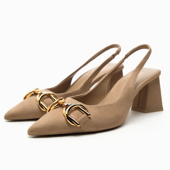 NWT. Zara Light Brown Slingback Block Heel Pumps. Size 6, 9.  8. - Picture 2 of 9